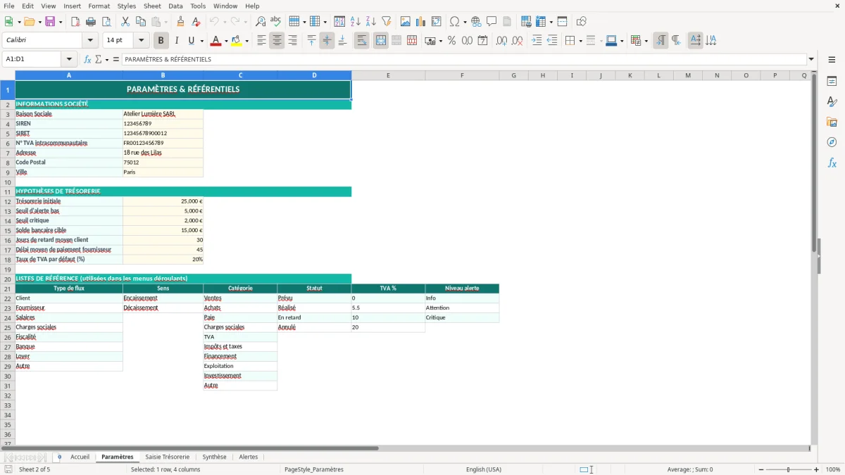 Capture d'écran 2 : Feuille Paramètres - Modèle Excel modèle trésorerie excel