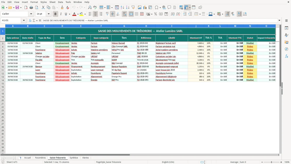 Capture d'écran 3 : Feuille Saisie Trésorerie - Modèle Excel modèle trésorerie excel