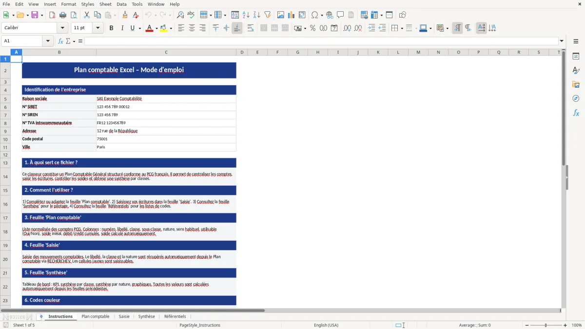 Capture d'écran 1 : Feuille Instructions - Modèle Excel plan comptable excel