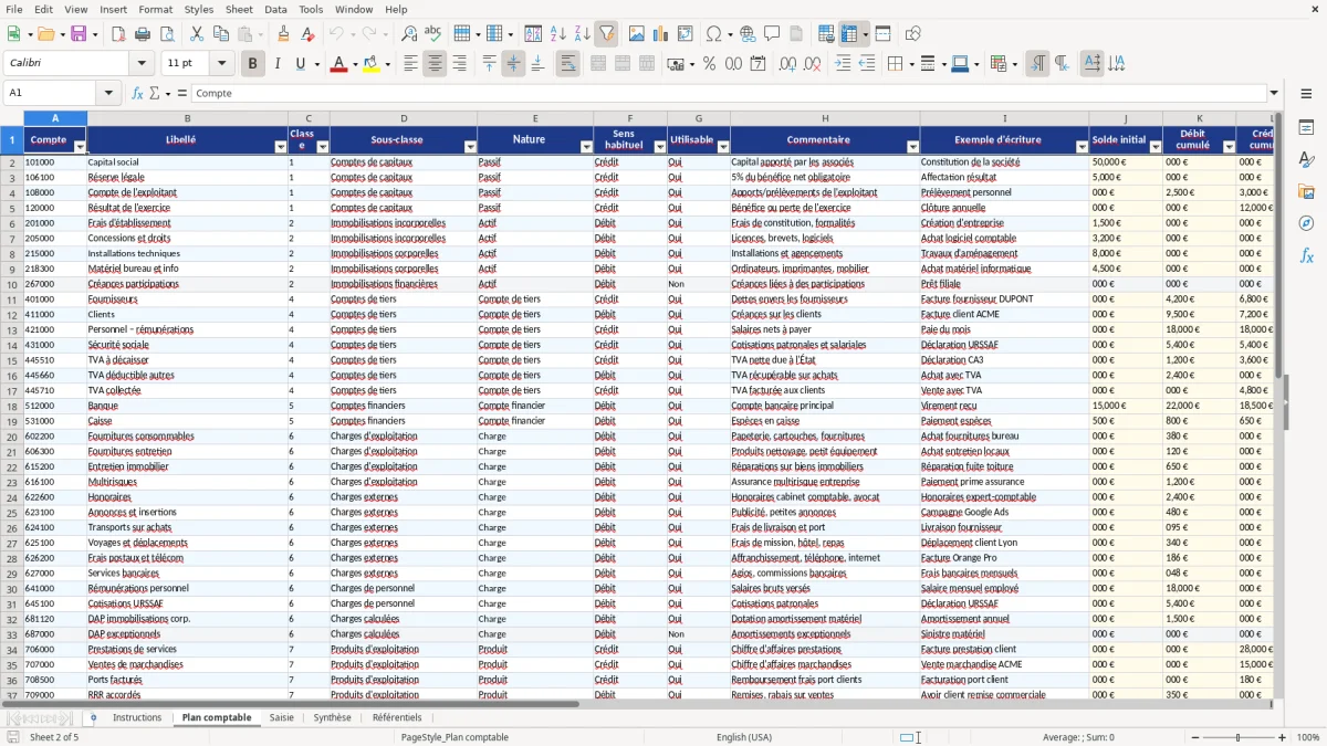 Capture d'écran 2 : Feuille Plan comptable - Modèle Excel plan comptable excel