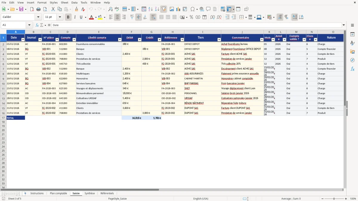 Capture d'écran 3 : Feuille Saisie - Modèle Excel plan comptable excel
