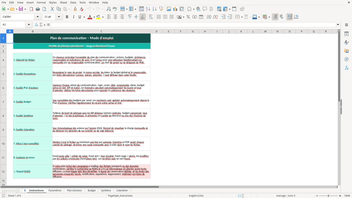 Capture d'écran 1 : Feuille Instructions - Modèle Excel plan de communication excel