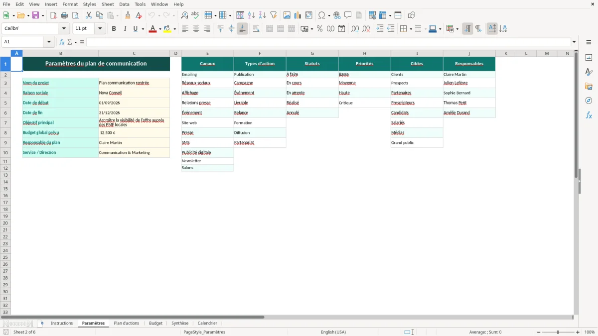 Capture d'écran 2 : Feuille Paramètres - Modèle Excel plan de communication excel