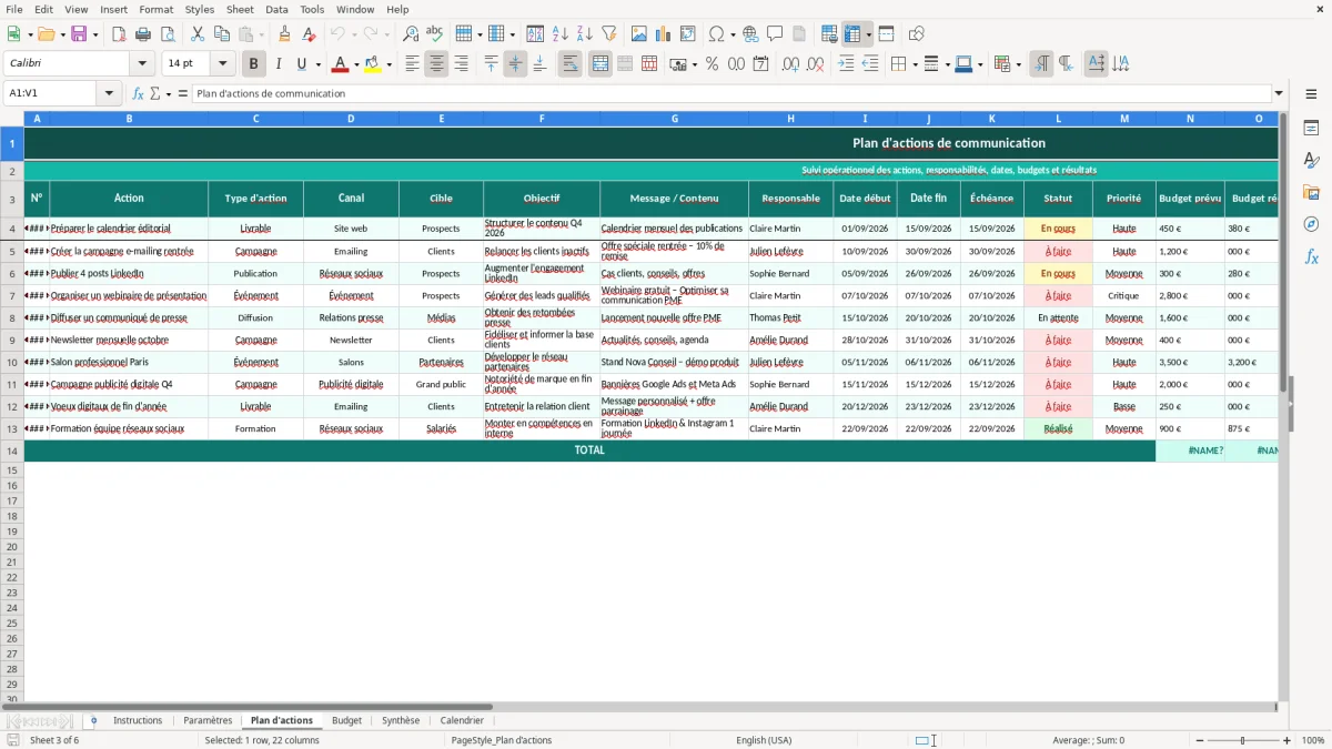 Capture d'écran 3 : Feuille Plan d'actions - Modèle Excel plan de communication excel