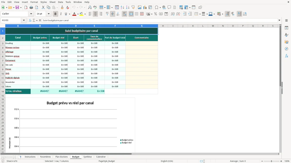 Capture d'écran 4 : Feuille Budget - Modèle Excel plan de communication excel