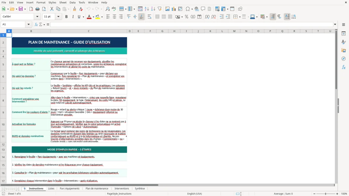 Capture d'écran 1 : Feuille Instructions - Modèle Excel plan de maintenance excel