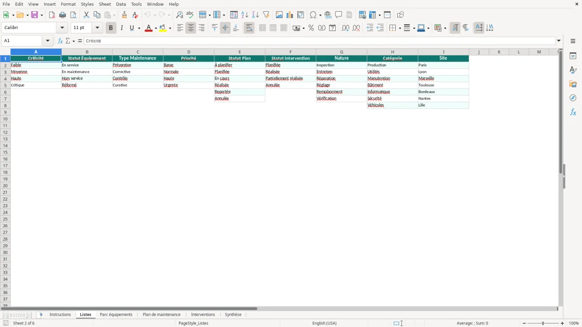 Capture d'écran 2 : Feuille Listes - Modèle Excel plan de maintenance excel