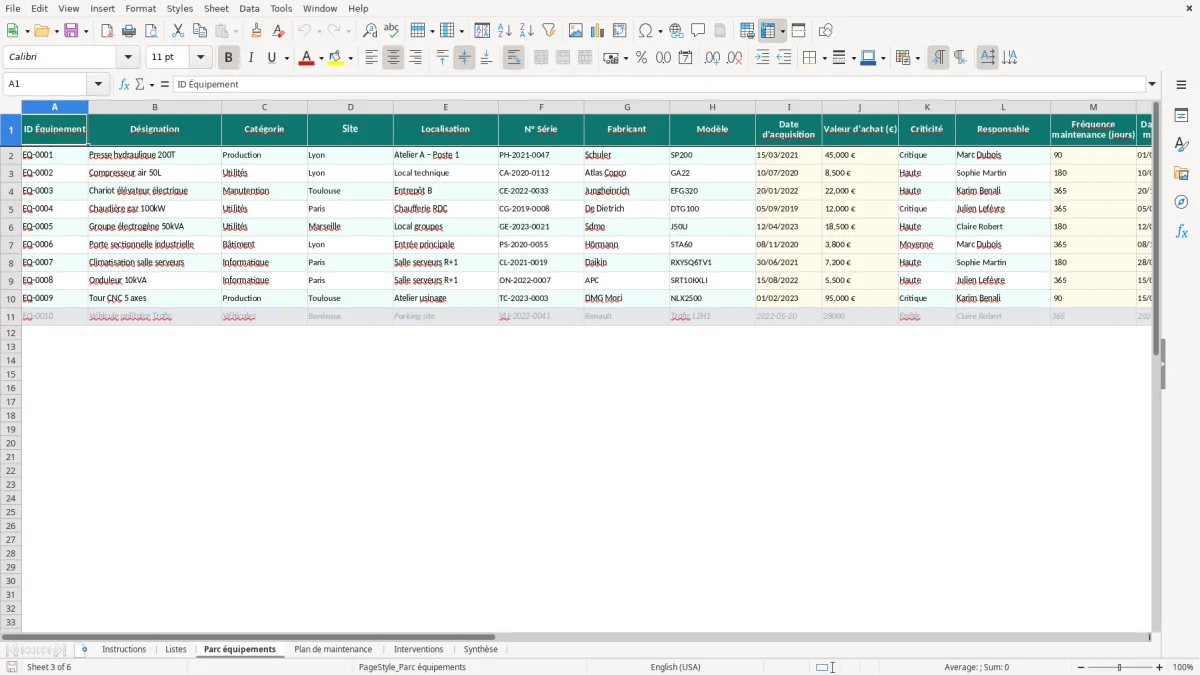 Capture d'écran 3 : Feuille Parc équipements - Modèle Excel plan de maintenance excel