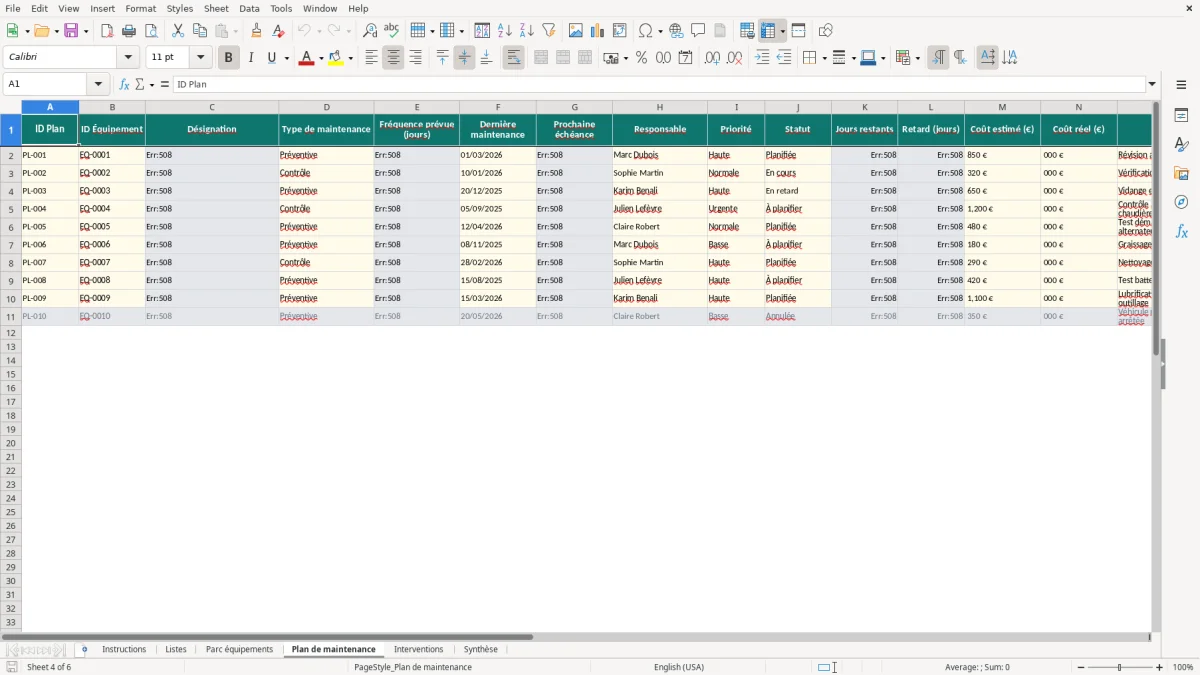 Capture d'écran 4 : Feuille Plan de maintenance - Modèle Excel plan de maintenance excel