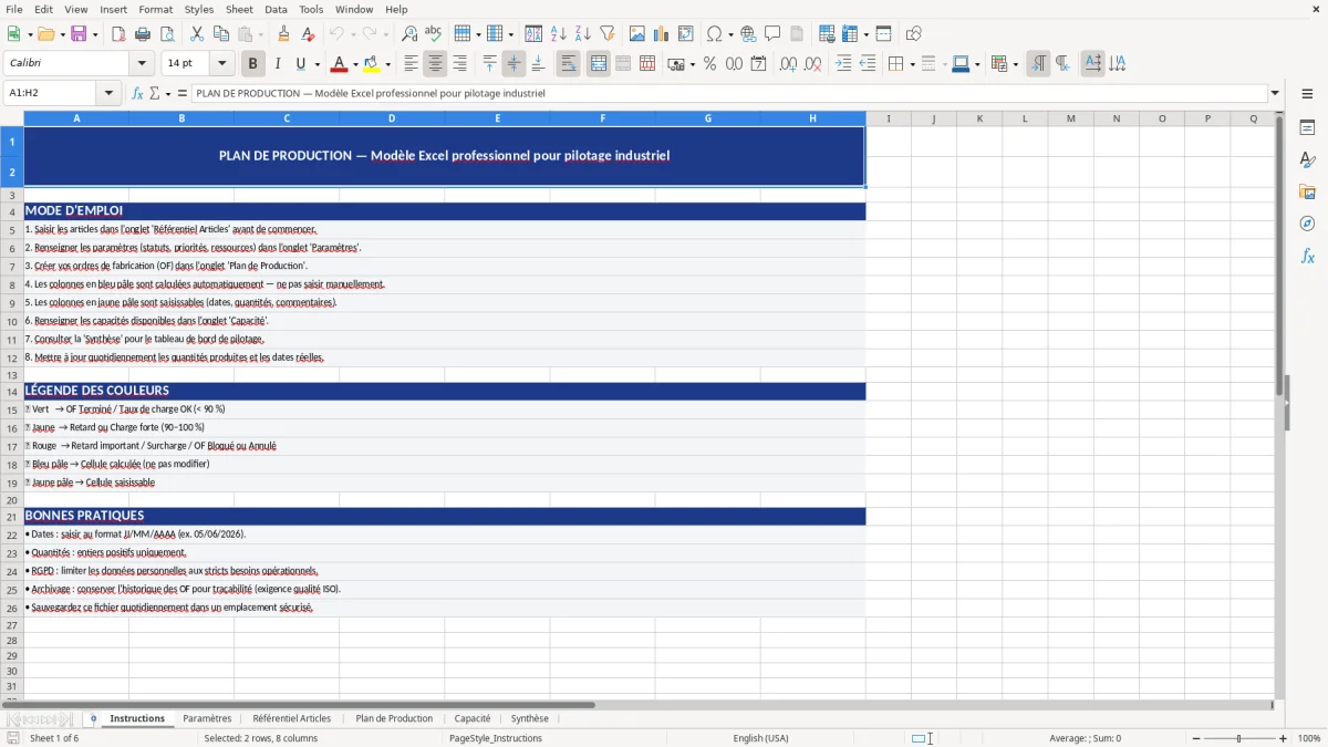 Capture d'écran 1 : Feuille Instructions - Modèle Excel plan de production excel
