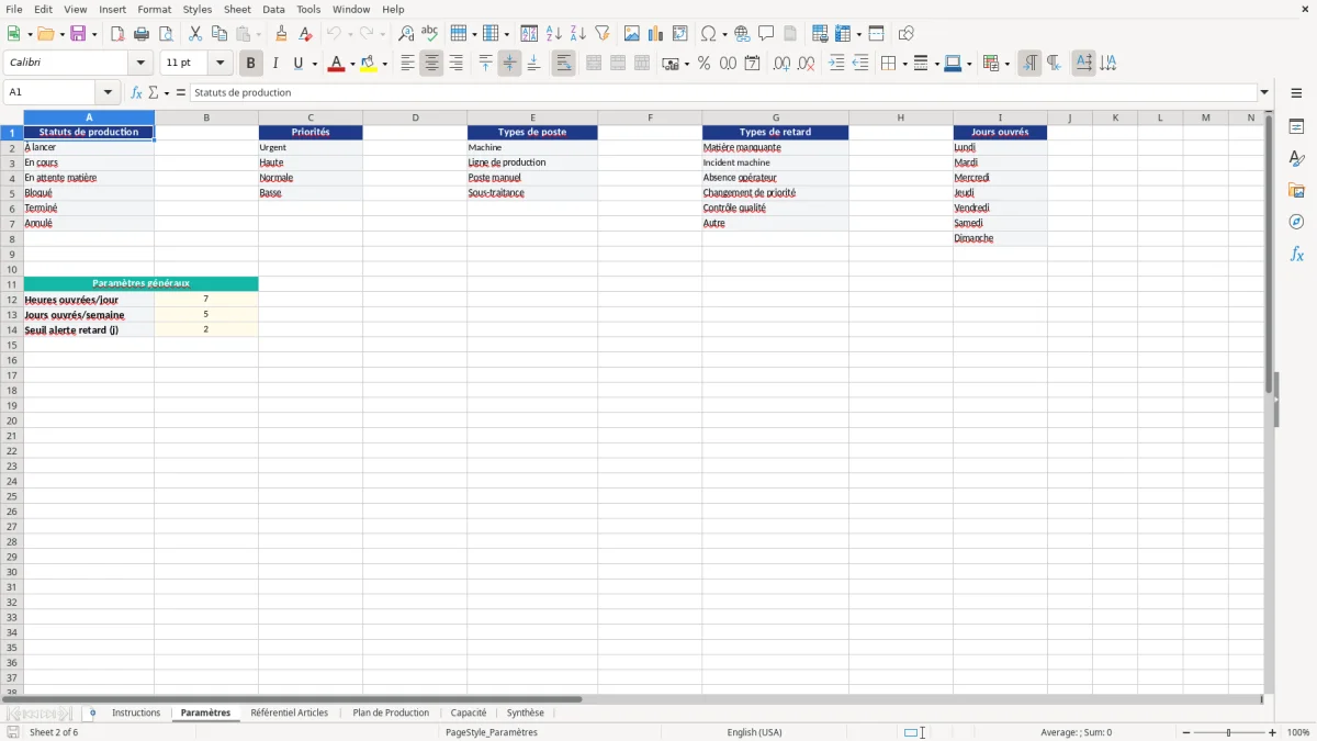 Capture d'écran 2 : Feuille Paramètres - Modèle Excel plan de production excel