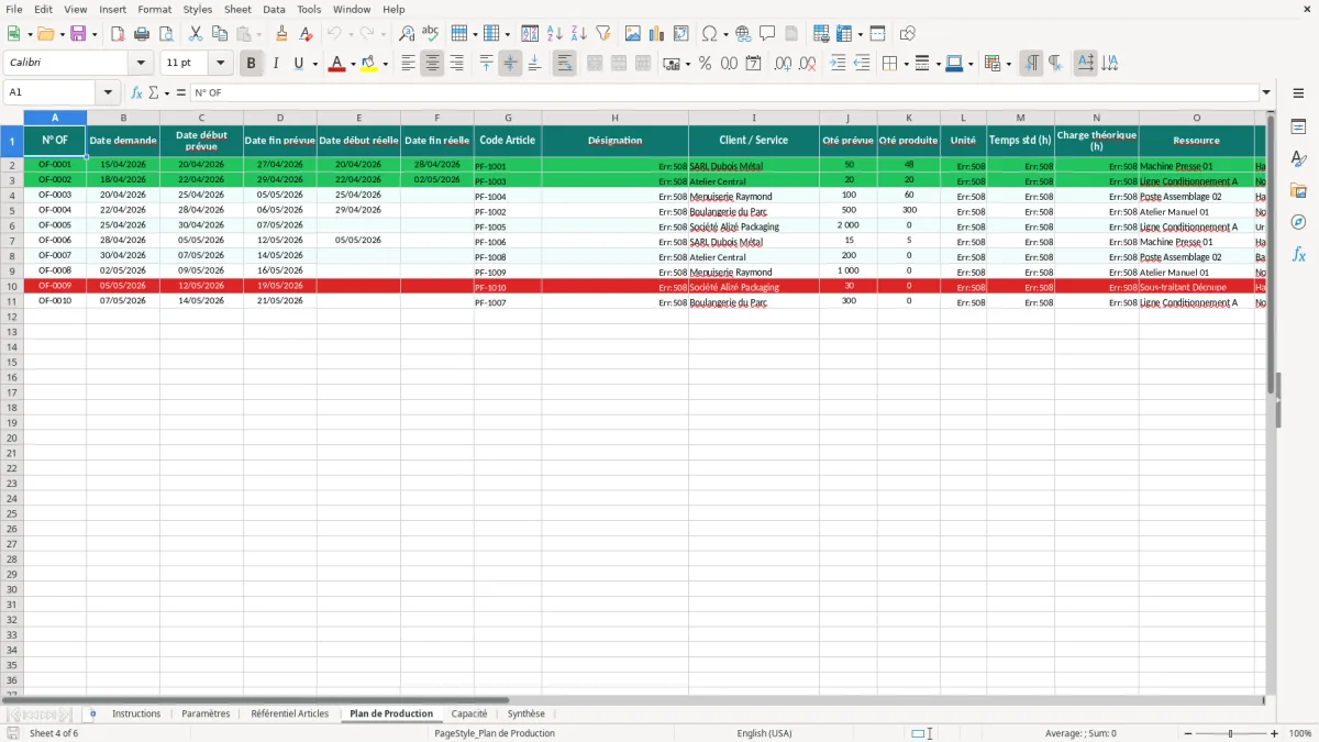 Capture d'écran 4 : Feuille Plan de Production - Modèle Excel plan de production excel