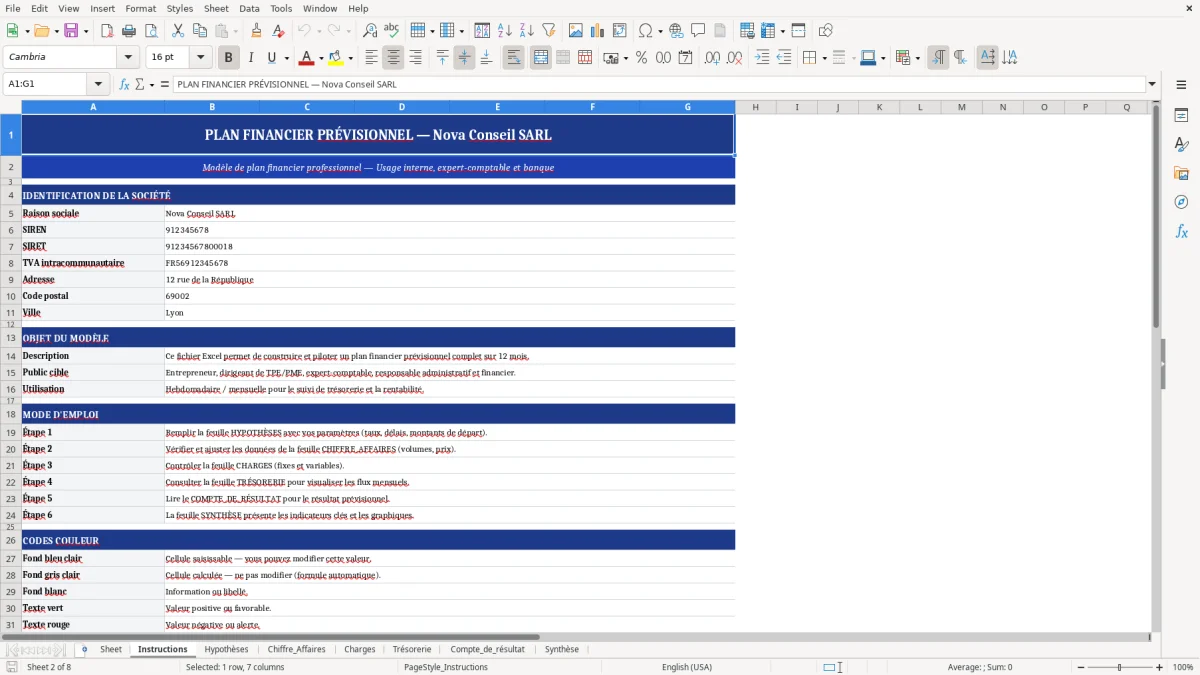 Capture d'écran 2 : Feuille Instructions - Modèle Excel plan financier excel