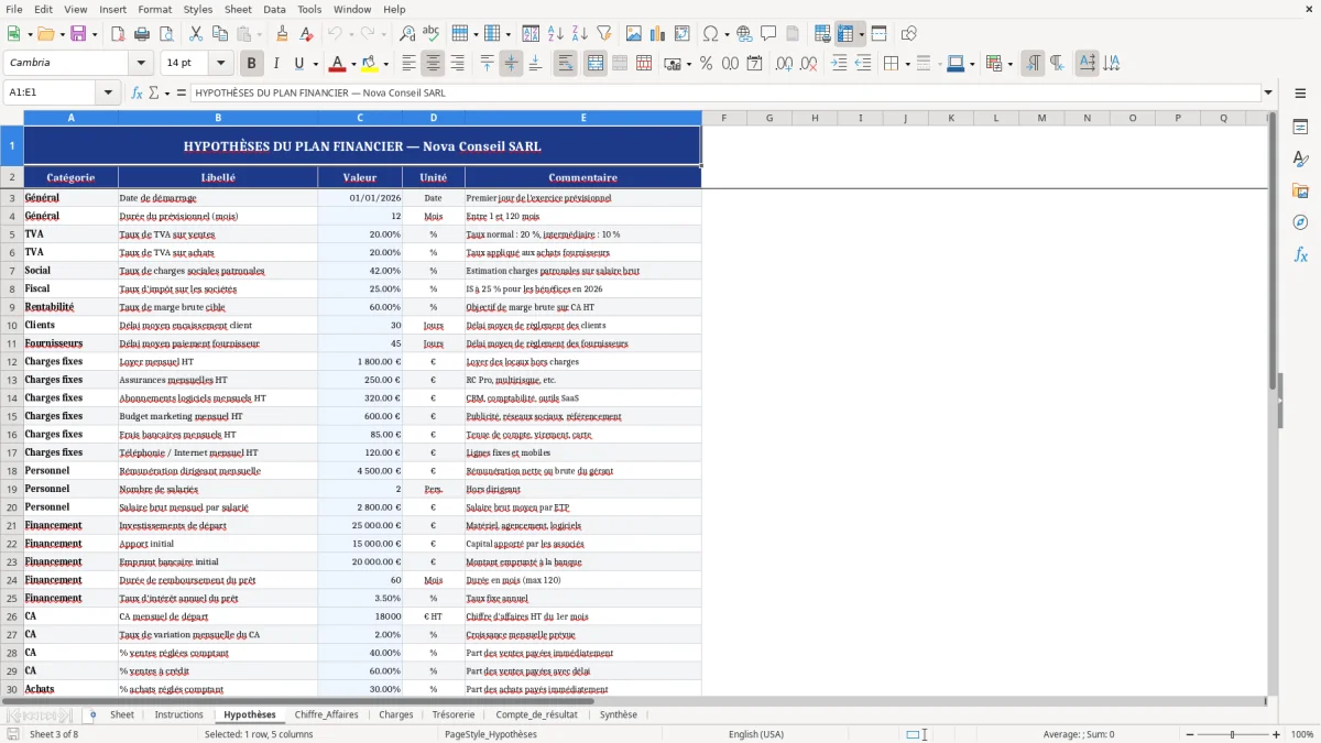 Capture d'écran 3 : Feuille Hypothèses - Modèle Excel plan financier excel