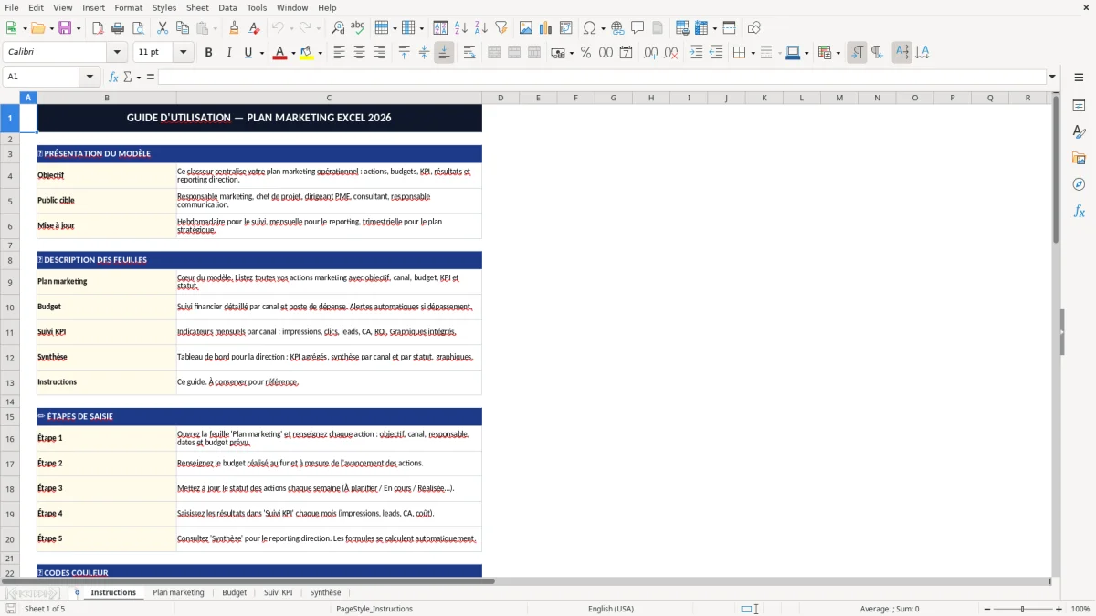 Capture d'écran 1 : Feuille Instructions - Modèle Excel plan marketing excel