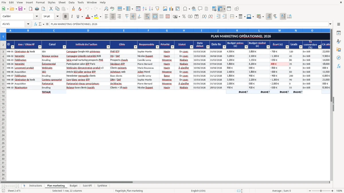 Capture d'écran 2 : Feuille Plan marketing - Modèle Excel plan marketing excel