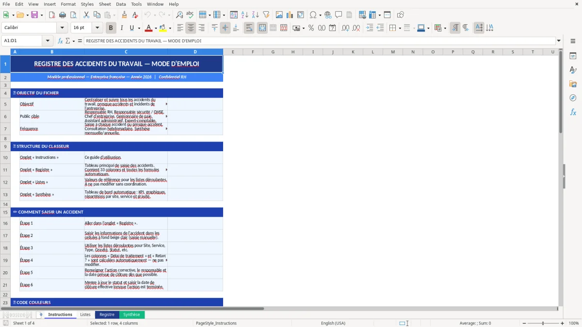 Capture d'écran 1 : Feuille Instructions - Modèle Excel registre accidents travail excel