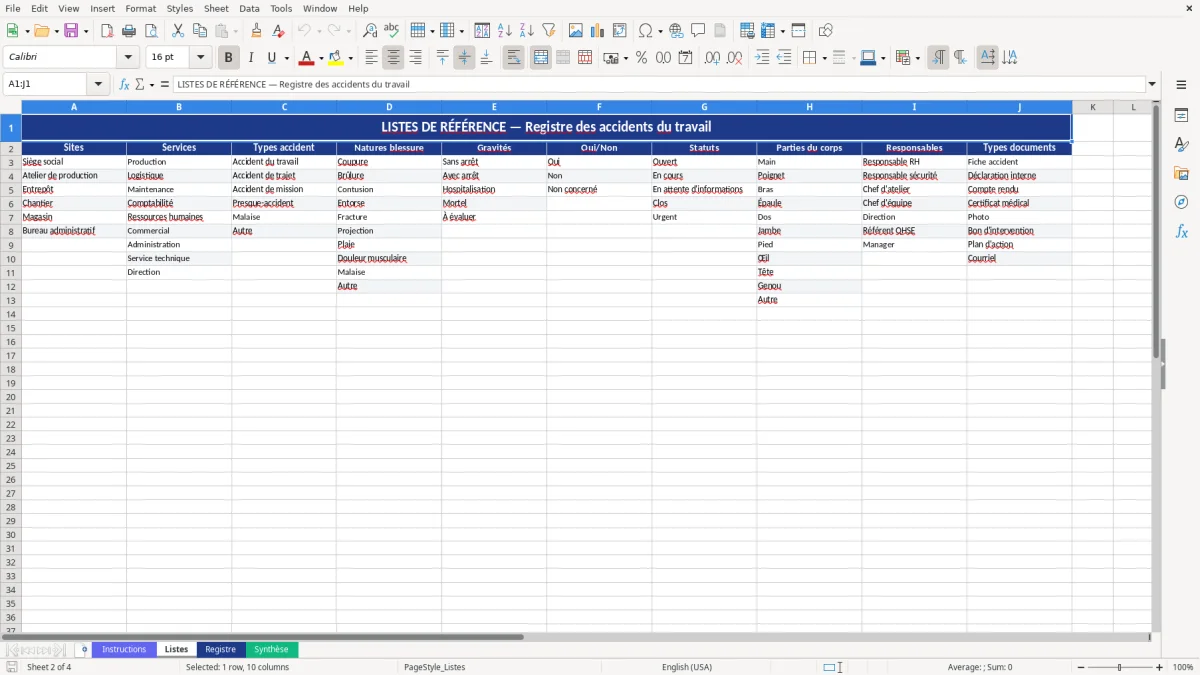 Capture d'écran 2 : Feuille Listes - Modèle Excel registre accidents travail excel