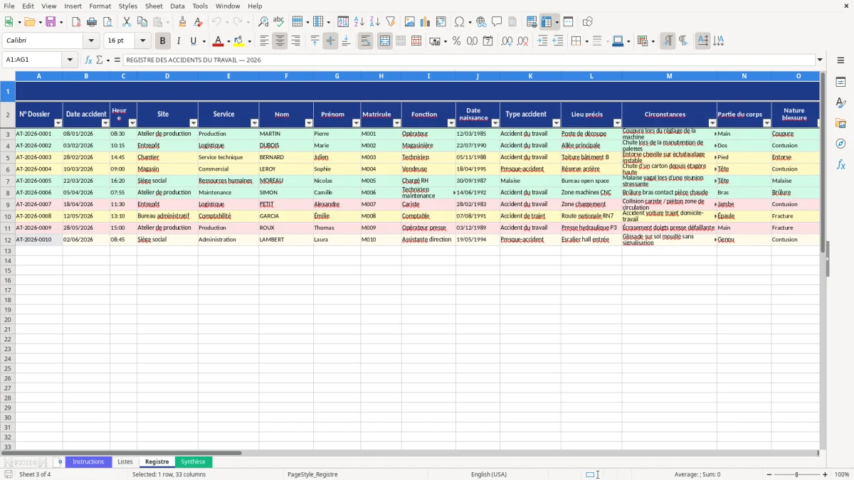 Capture d'écran 3 : Feuille Registre - Modèle Excel registre accidents travail excel