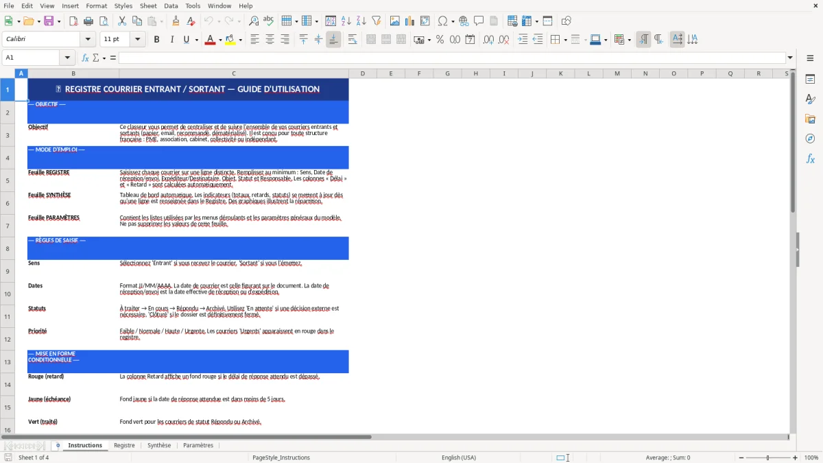 Capture d'écran 1 : Feuille Instructions - Modèle Excel registre courrier entrant sortant excel