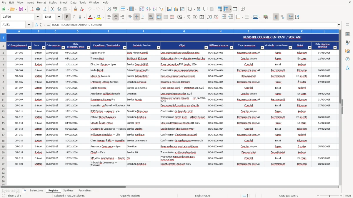 Capture d'écran 2 : Feuille Registre - Modèle Excel registre courrier entrant sortant excel