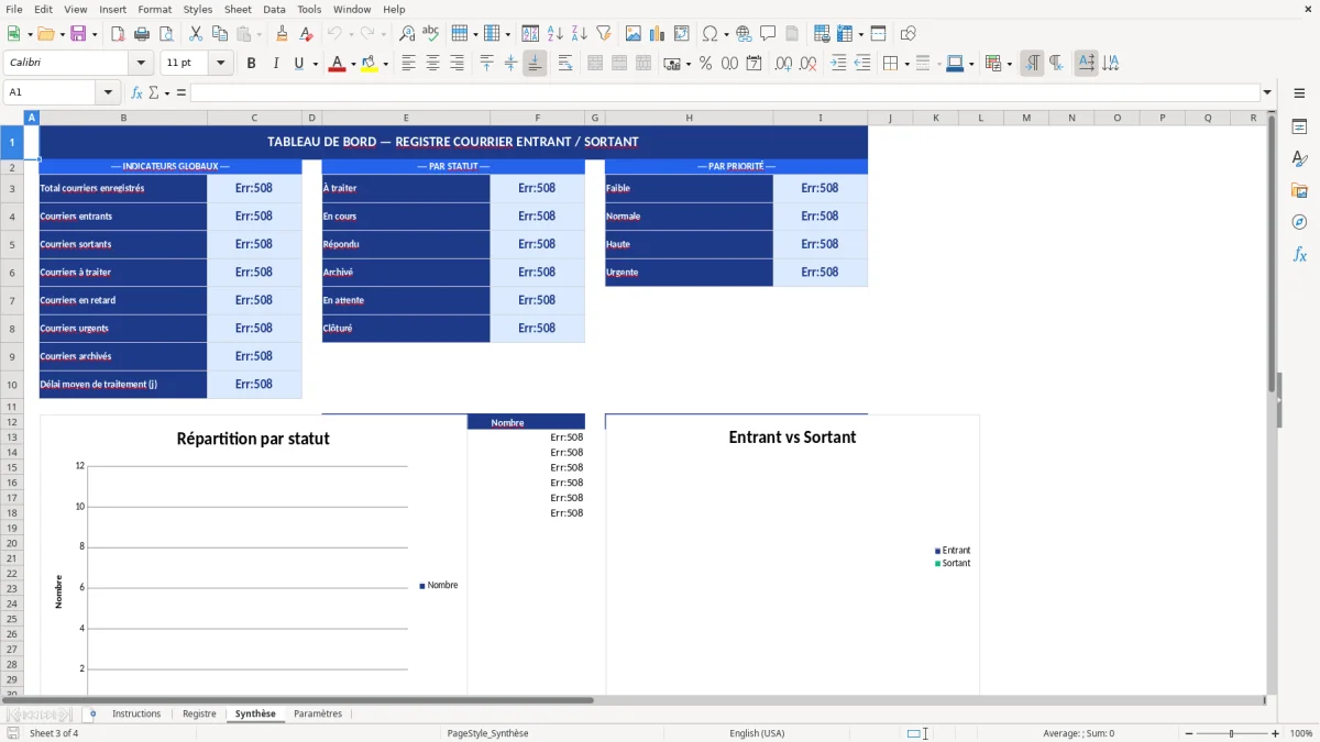 Capture d'écran 3 : Feuille Synthèse - Modèle Excel registre courrier entrant sortant excel