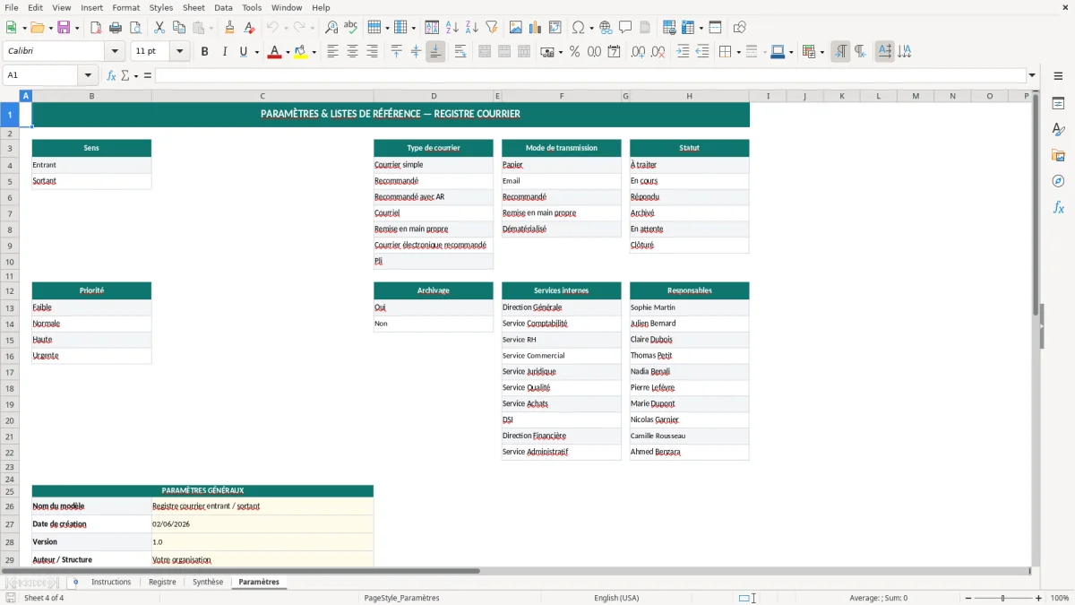 Capture d'écran 4 : Feuille Paramètres - Modèle Excel registre courrier entrant sortant excel