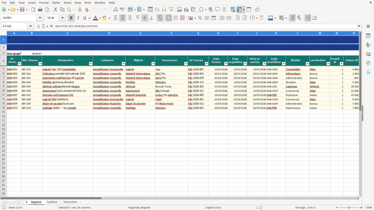 Capture d'écran 1 : Feuille Listes - Modèle Excel registre immobilisations excel