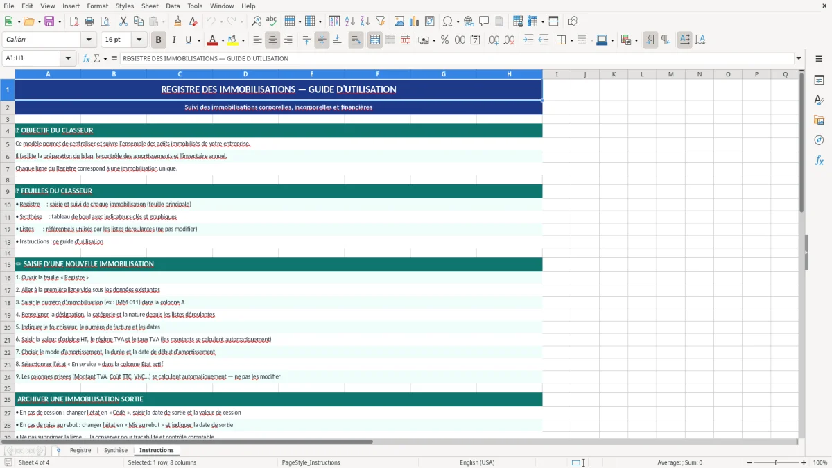 Capture d'écran 3 : Feuille Synthèse - Modèle Excel registre immobilisations excel