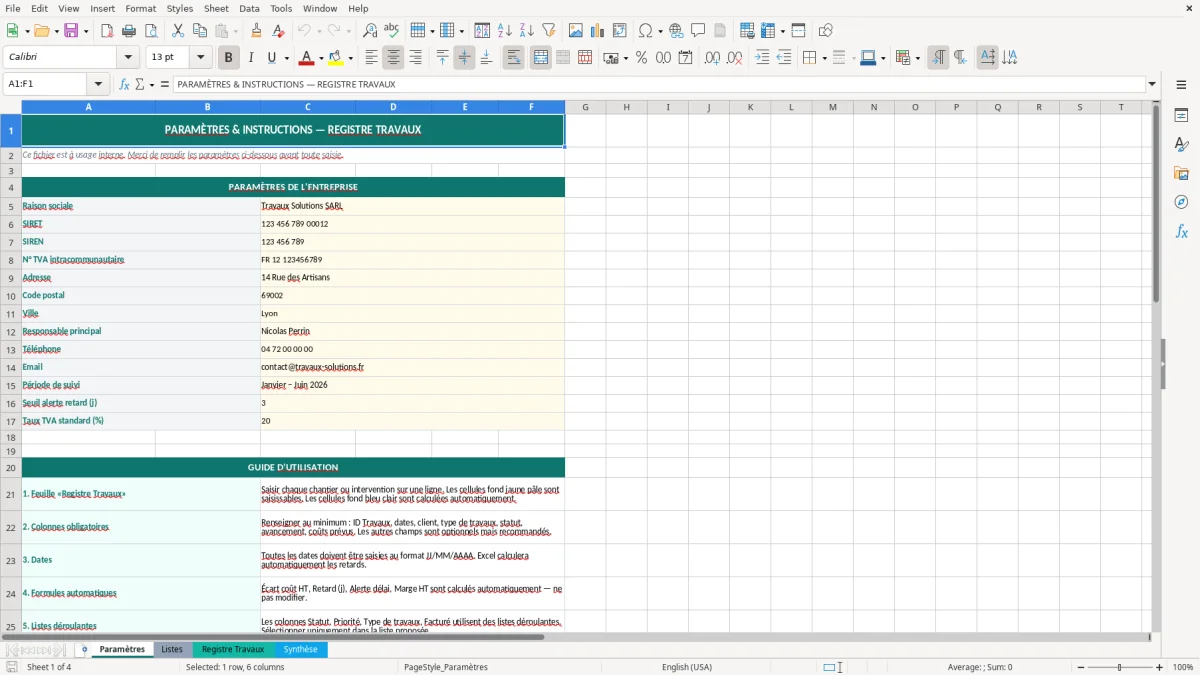 Capture d'écran 1 : Feuille Paramètres - Modèle Excel registre travaux excel