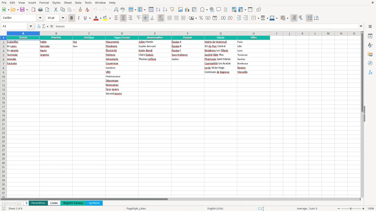 Capture d'écran 2 : Feuille Listes - Modèle Excel registre travaux excel