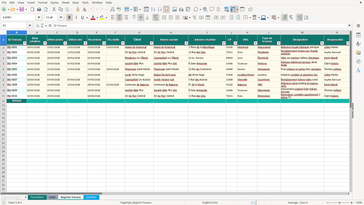 Capture d'écran 3 : Feuille Registre Travaux - Modèle Excel registre travaux excel