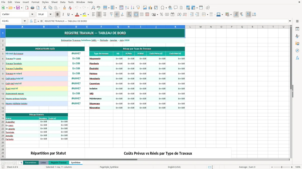 Capture d'écran 4 : Feuille Synthèse - Modèle Excel registre travaux excel