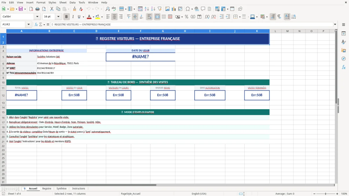 Capture d'écran 1 : Feuille Accueil - Modèle Excel registre visiteurs excel