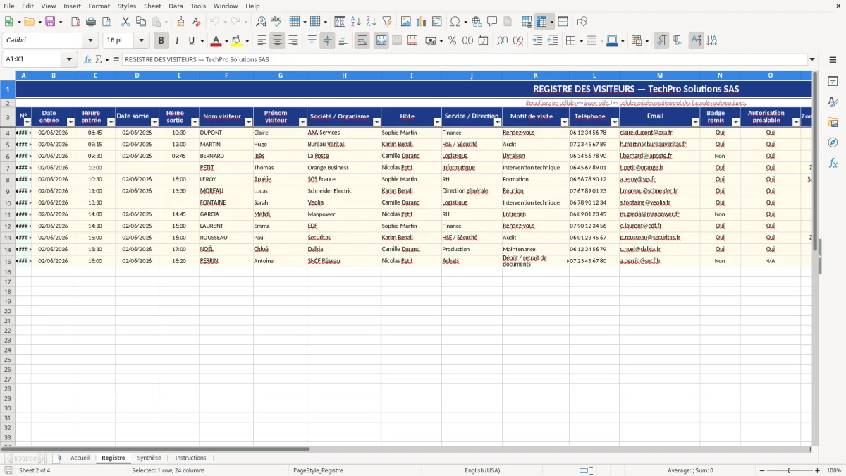 Capture d'écran 2 : Feuille Registre - Modèle Excel registre visiteurs excel