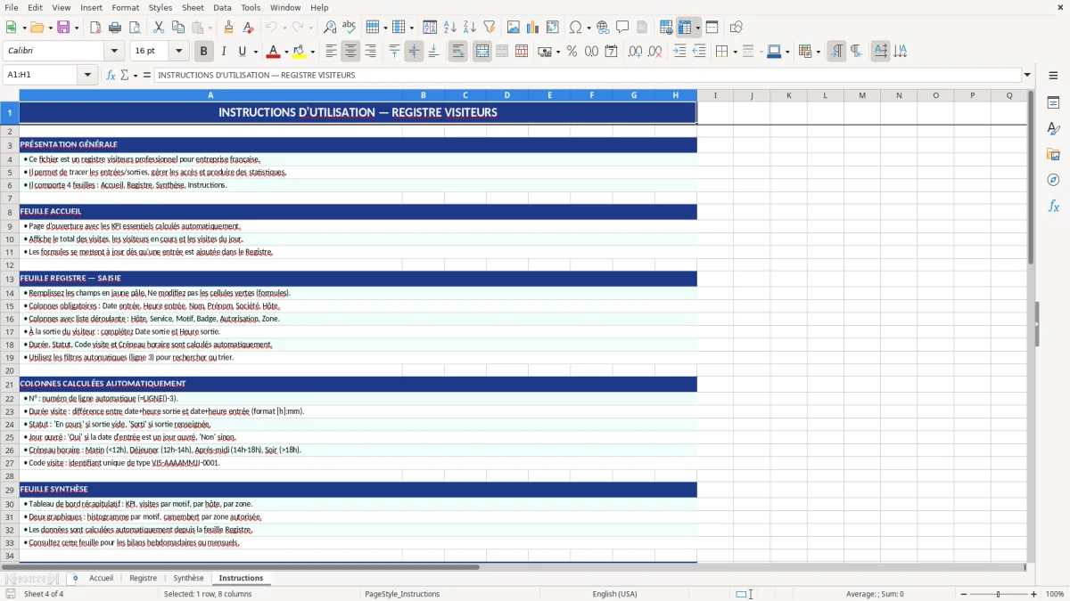 Capture d'écran 4 : Feuille Instructions - Modèle Excel registre visiteurs excel