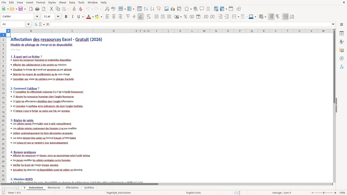 Capture d'écran 1 : Feuille Instructions - Modèle Excel Affectation des ressources Excel - Gratuit (2026)