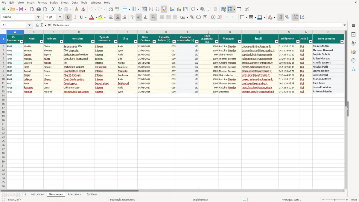 Capture d'écran 2 : Feuille Ressources - Modèle Excel Affectation des ressources Excel - Gratuit (2026)
