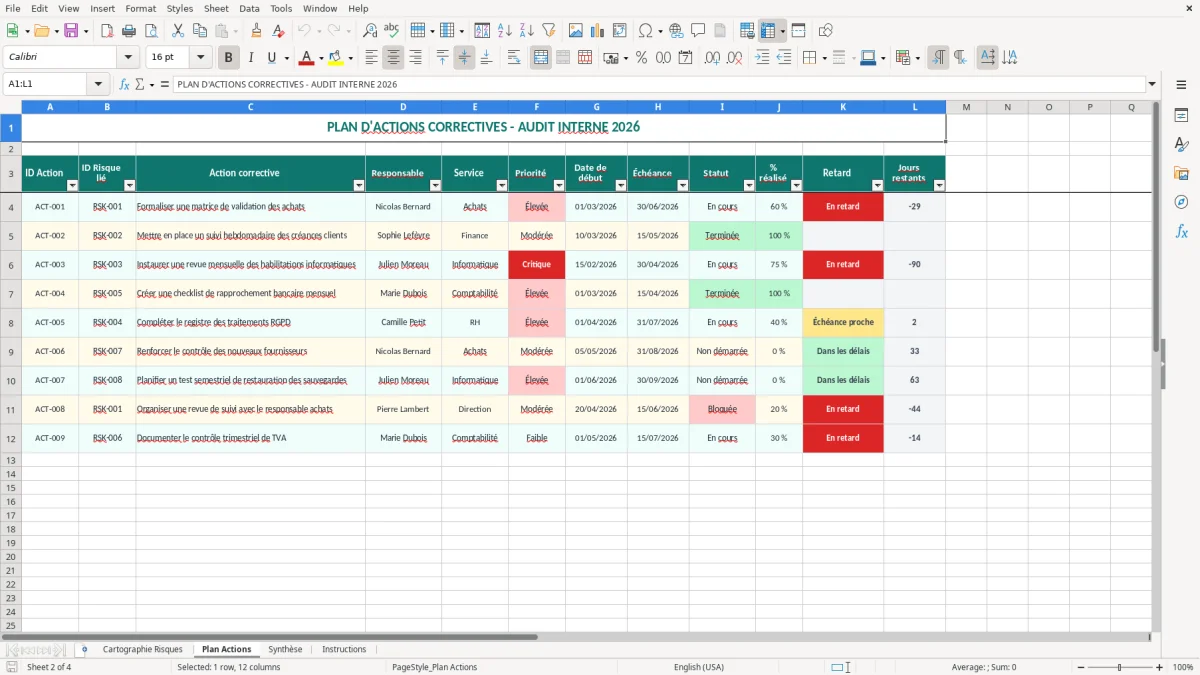 Capture d'écran 2 : Feuille Plan Actions - Modèle Excel Audit interne Excel - Modèle Gratuit (2026)