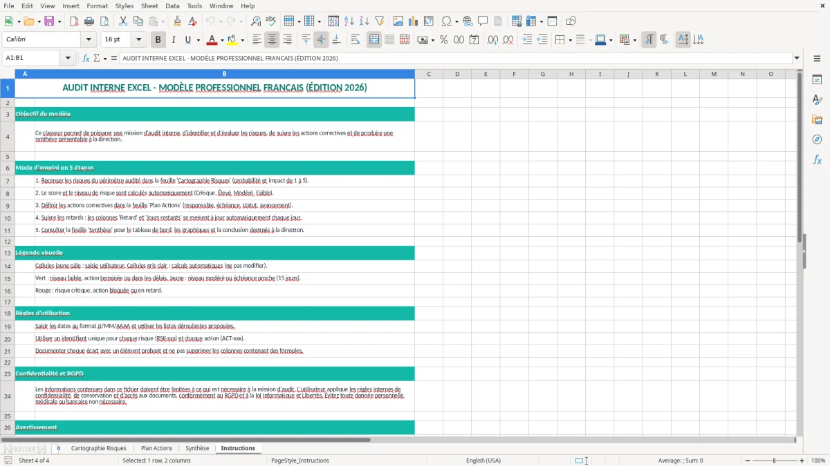 Capture d'écran 4 : Feuille Instructions - Modèle Excel Audit interne Excel - Modèle Gratuit (2026)