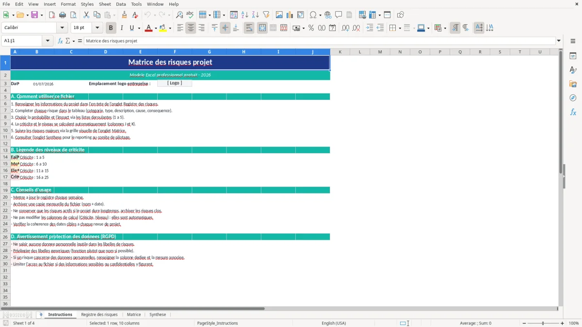 Capture d'écran 1 : Feuille Instructions - Modèle Excel Matrice des risques projet Excel - Gratuit (2026)