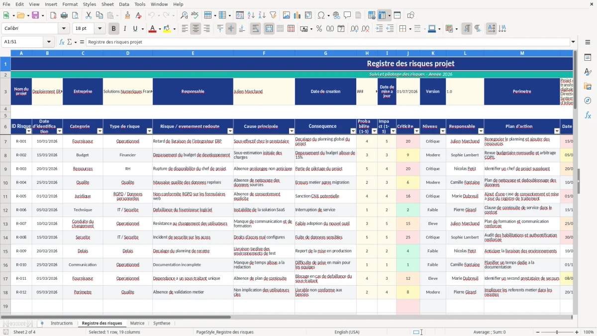 Capture d'écran 2 : Feuille Registre des risques - Modèle Excel Matrice des risques projet Excel - Gratuit (2026)