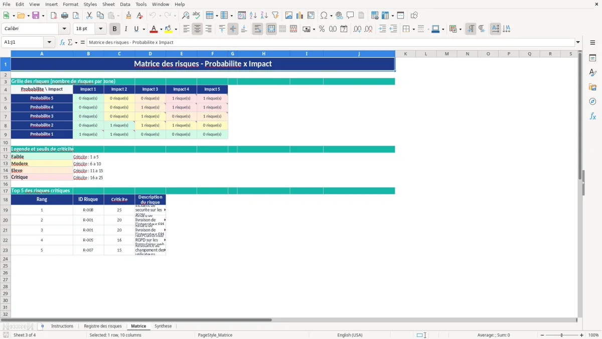 Capture d'écran 3 : Feuille Matrice - Modèle Excel Matrice des risques projet Excel - Gratuit (2026)