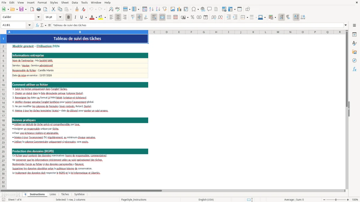 Capture d'écran 1 : Feuille Instructions - Modèle Excel Tableau de suivi des tâches Excel - Gratuit (2026)