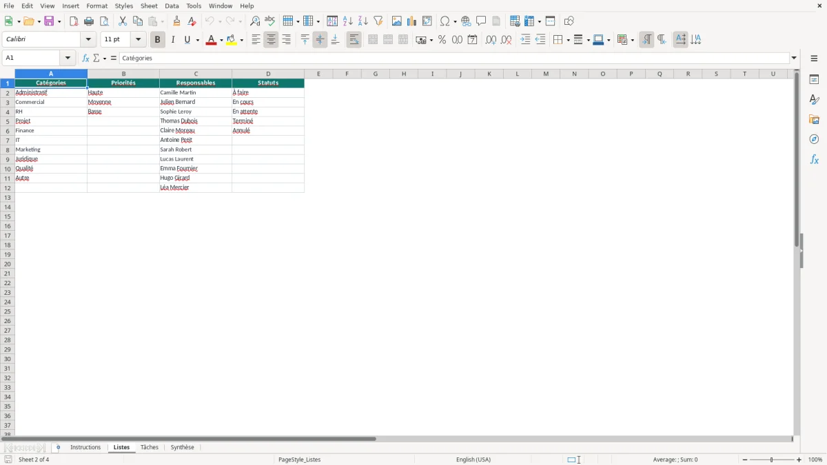 Capture d'écran 2 : Feuille Listes - Modèle Excel Tableau de suivi des tâches Excel - Gratuit (2026)