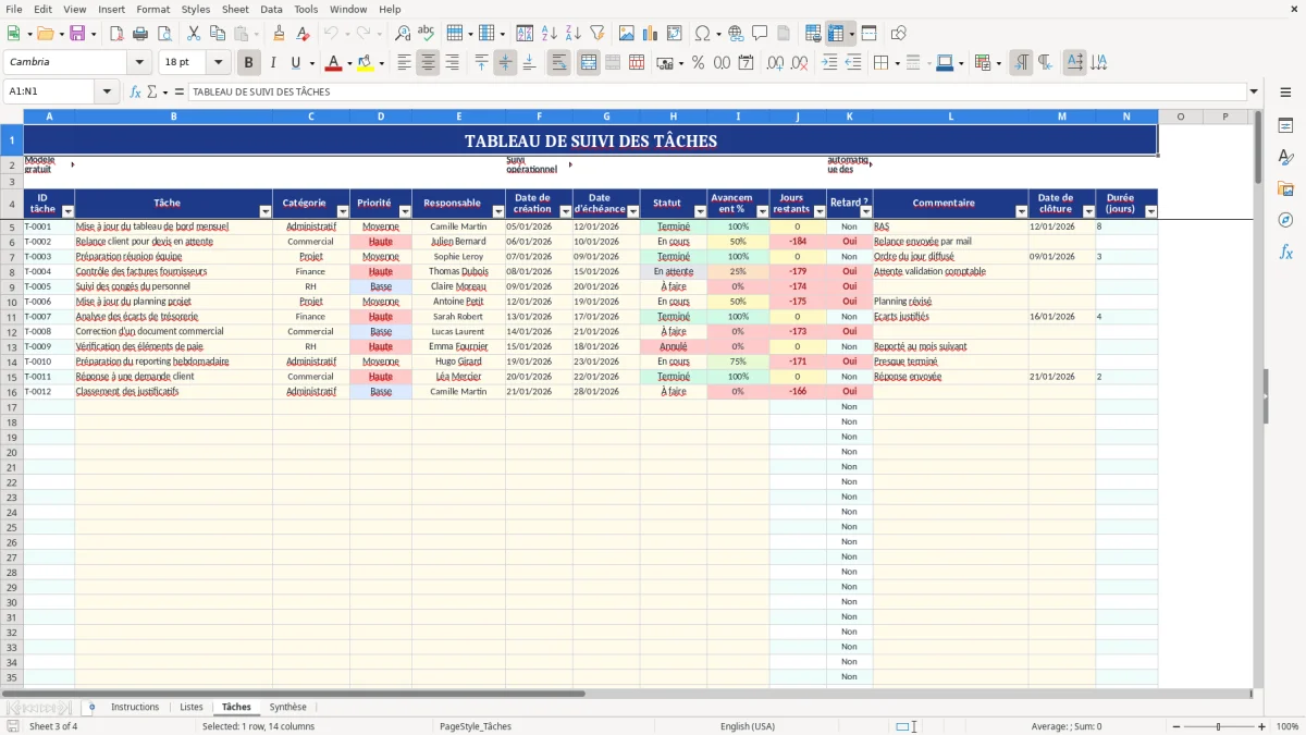 Capture d'écran 3 : Feuille Tâches - Modèle Excel Tableau de suivi des tâches Excel - Gratuit (2026)