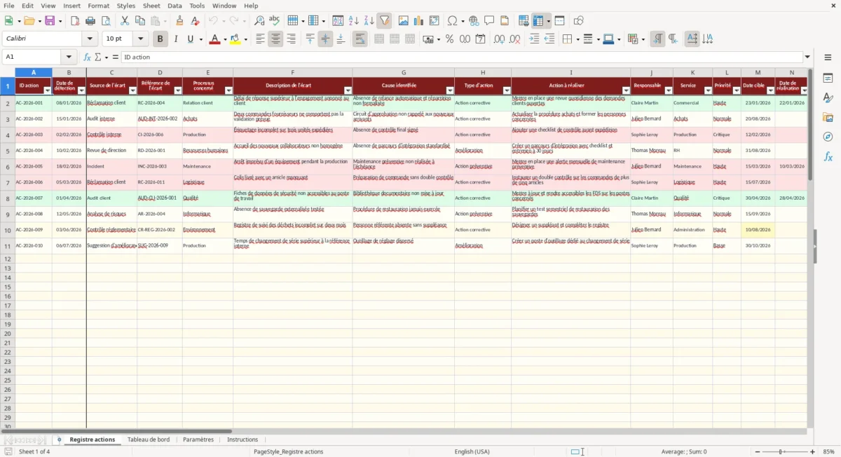 Excel – Suivi des actions correctives Excel - Gratuit (2026) – Registre actions