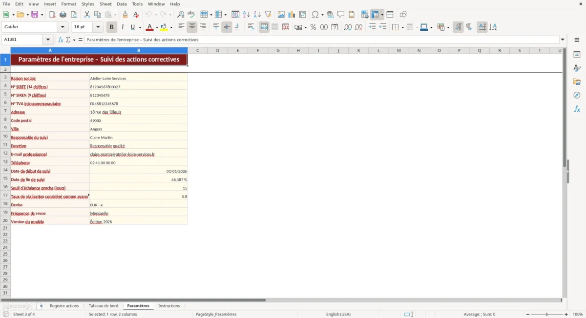 Excel – Suivi des actions correctives Excel - Gratuit (2026) – Paramètres