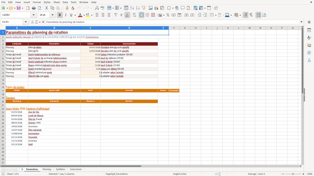 Capture d'écran 1 : Feuille Paramètres - Modèle Excel Planning de rotation équipes Excel - Gratuit (2026)