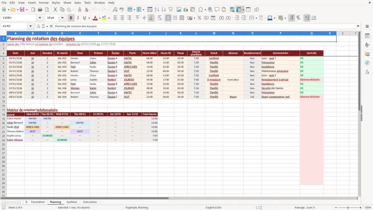 Capture d'écran 2 : Feuille Planning - Modèle Excel Planning de rotation équipes Excel - Gratuit (2026)